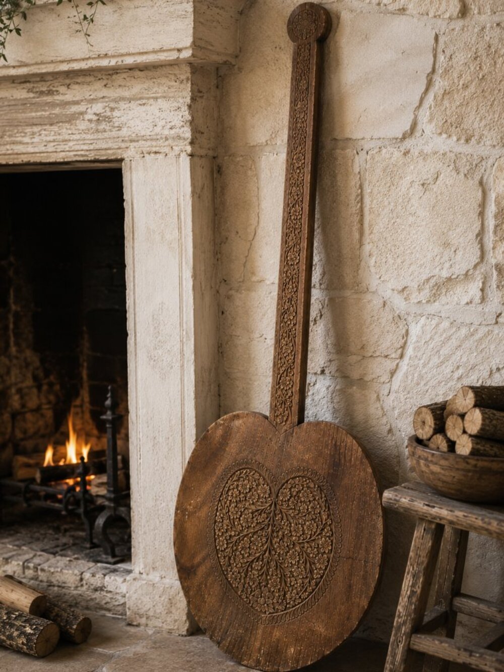 Very Rare Antique Hand Carved Ornate Primitive Wooden Paddle